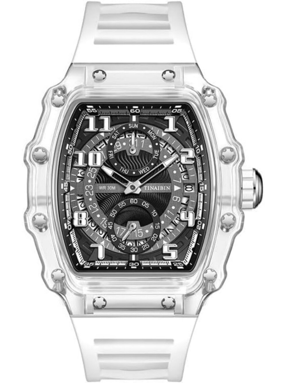 FANMIS Men's Transparent Tonneau Skeleton Chronograph Silicone Strap Watch